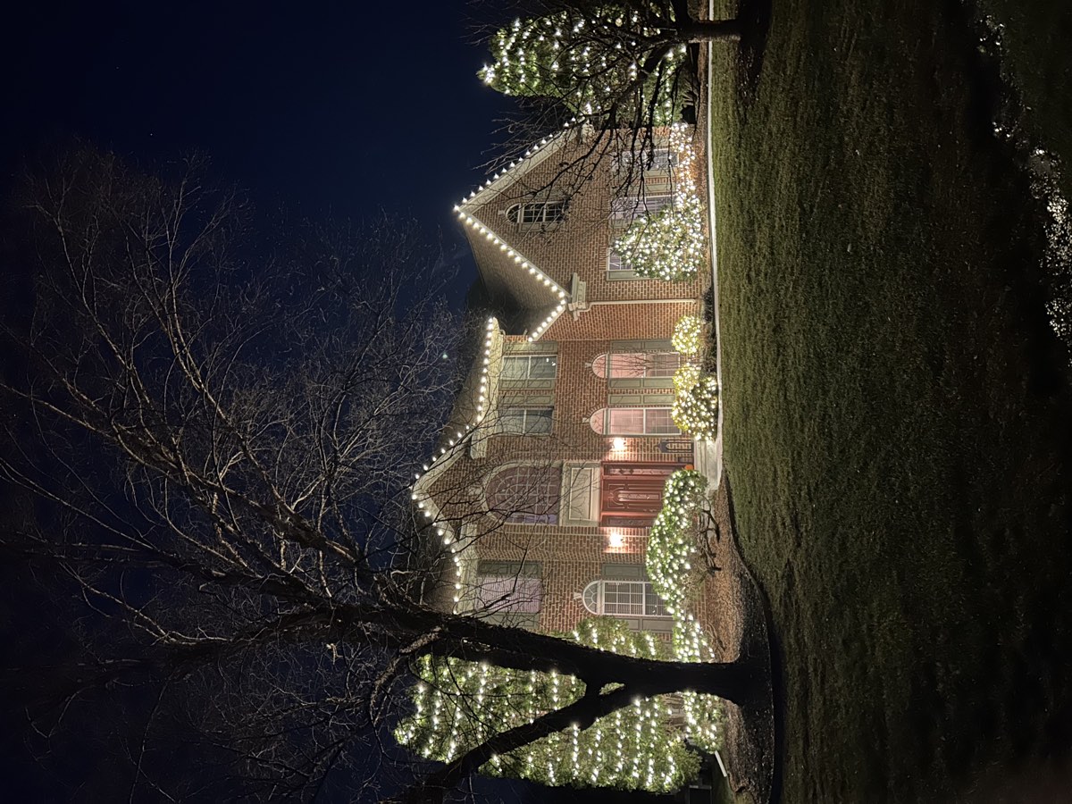 A house roof line and front trees lit with warm white Christmas bulbs at night