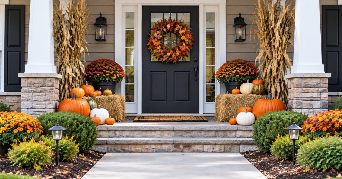 A front porch stacked with pumpkins, mums, straw bales and cornstalks in fall