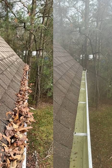 A gutter full of leaves beside the same gutter cleared out